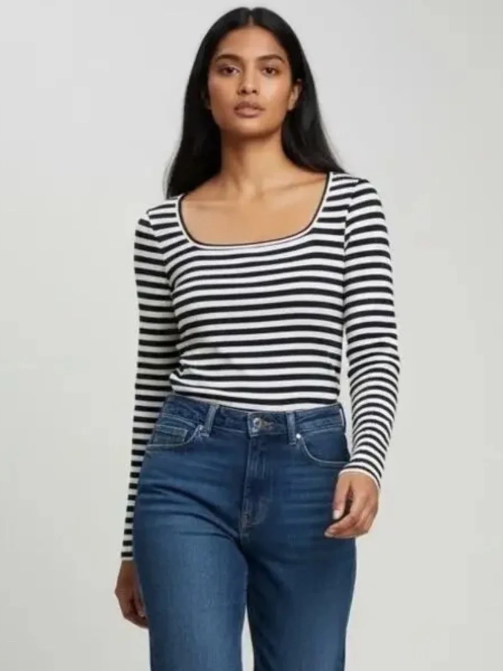 J. Crew Navy and White Stripe Ribbed Stretch Square Neck Top Size Extra Large